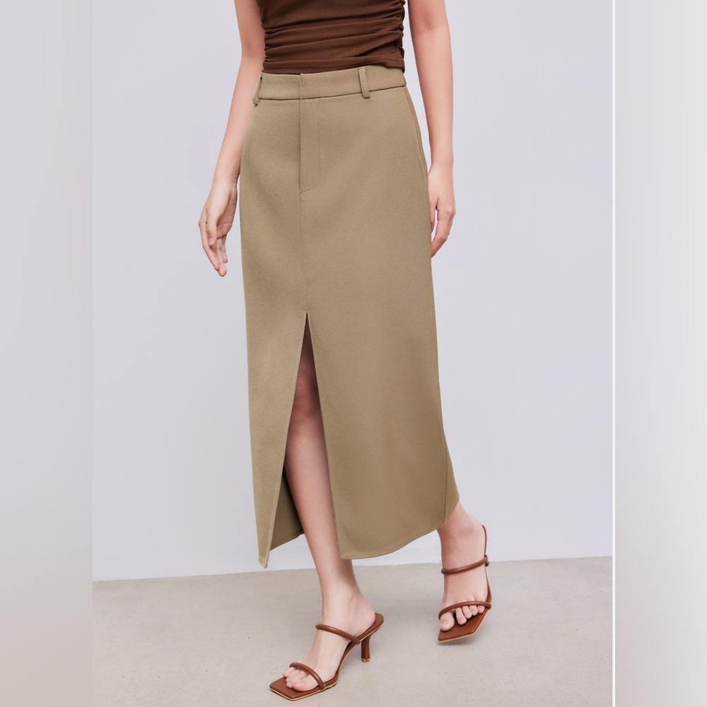 Cider Solid High Waist Split Maxi Skirt. Size XL,‎ Camel
